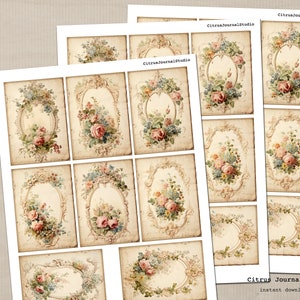 May include: Twelve printable vintage floral journal cards with ornate frames and floral bouquets in shades of pink, blue, and green. The cards are perfect for adding a touch of vintage charm to your journals, planners, or scrapbooks.