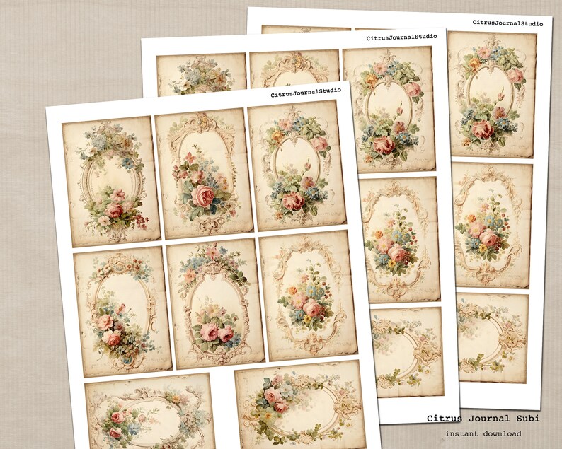 May include: Twelve printable vintage floral journal cards with ornate frames and floral bouquets in shades of pink, blue, and green. The cards are perfect for adding a touch of vintage charm to your journals, planners, or scrapbooks.