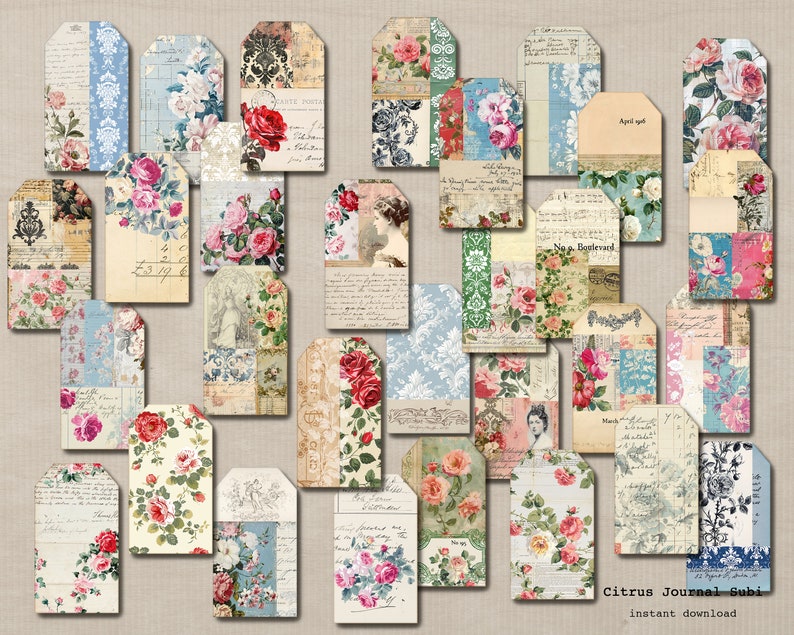 Junk Journal Tags, Floral Tags, Vintage Roses, Shabby Rose Tags ...