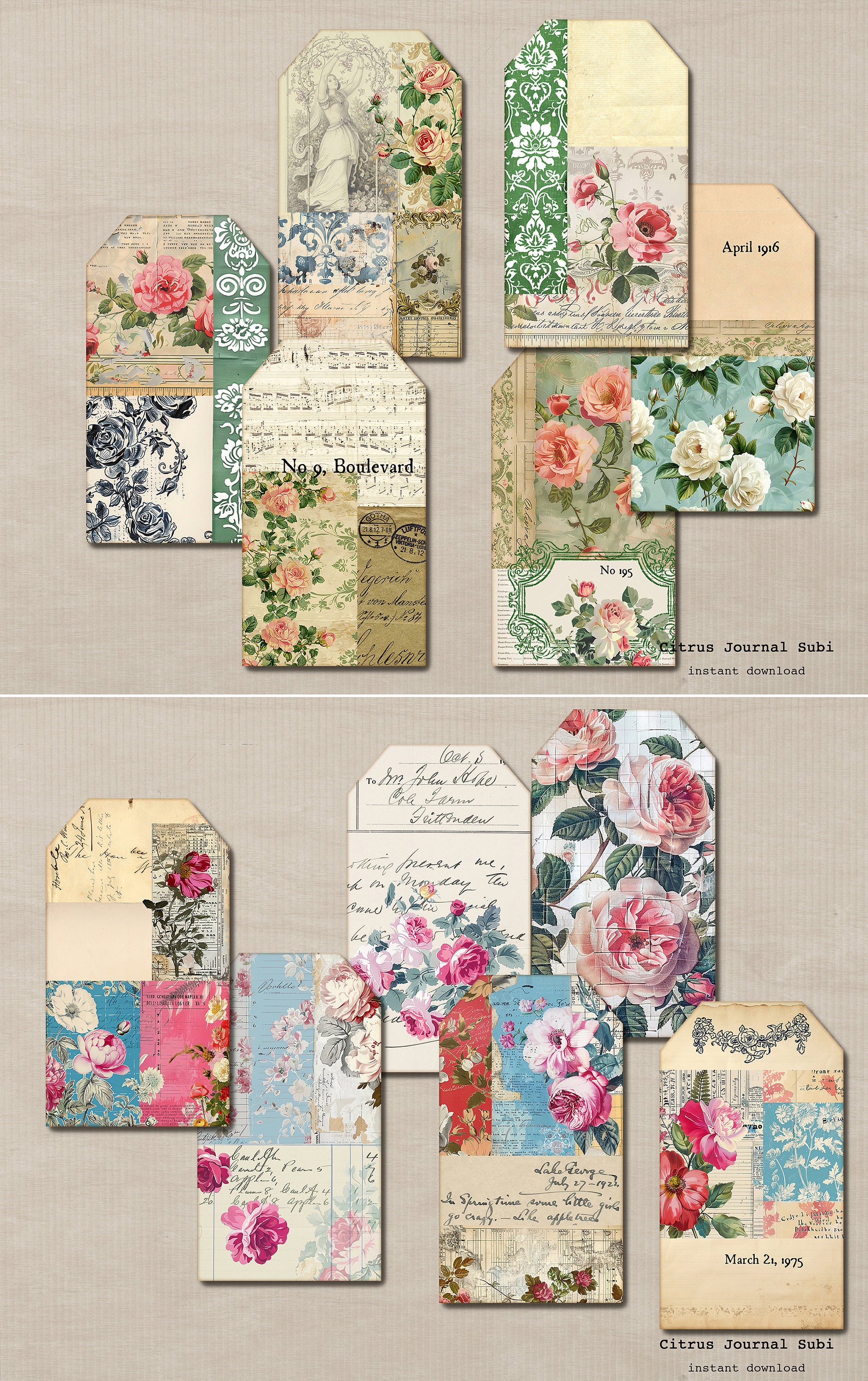 Junk Journal Tags, Floral Tags, Vintage Roses, Shabby Rose Tags ...