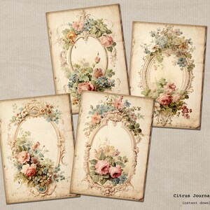 May include: Four vintage floral journal cards with ornate frames and delicate floral designs in shades of pink, blue, and green. The cards have a distressed, aged look and are perfect for scrapbooking, journaling, or crafting.