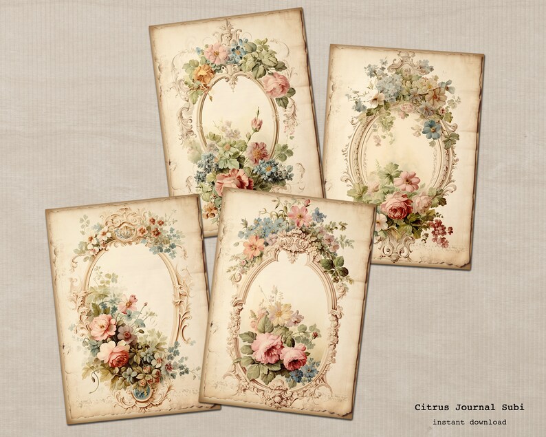 May include: Four vintage floral journal cards with ornate frames and delicate floral designs in shades of pink, blue, and green. The cards have a distressed, aged look and are perfect for scrapbooking, journaling, or crafting.