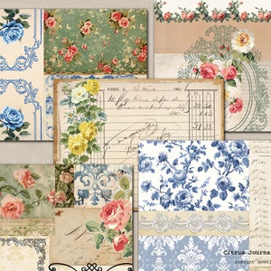 May include: A digital collage of vintage floral patterns, including blue and white roses, yellow roses, and pink roses. The collage also includes a handwritten note with the text "PARIS, le 10 fly Bitrate de for de 186" and a vintage journal page with handwritten text.