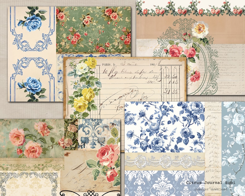 May include: A digital collage of vintage floral patterns, including blue and white roses, yellow roses, and pink roses. The collage also includes a handwritten note with the text "PARIS, le 10 fly Bitrate de for de 186" and a vintage journal page with handwritten text.