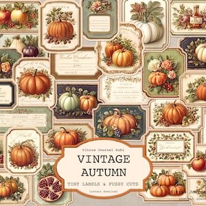 Könnte beinhalten: Eine Collage von herbstlichen Etiketten und Ausschnitten im Vintage-Stil. Die Designs zeigen Kürbisse, Äpfel und Blumengestecke in warmen Herbstfarben. Der Text "VINTAGE AUTUMN" und "TINY LABELS & FUSSY CUTS" ist sichtbar.
