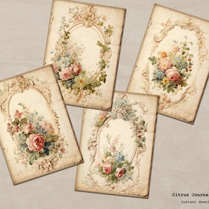 May include: Four vintage floral printable journal cards with ornate frames and delicate pink and blue flowers. The cards are perfect for adding a touch of vintage charm to your journals, planners, or scrapbooks.