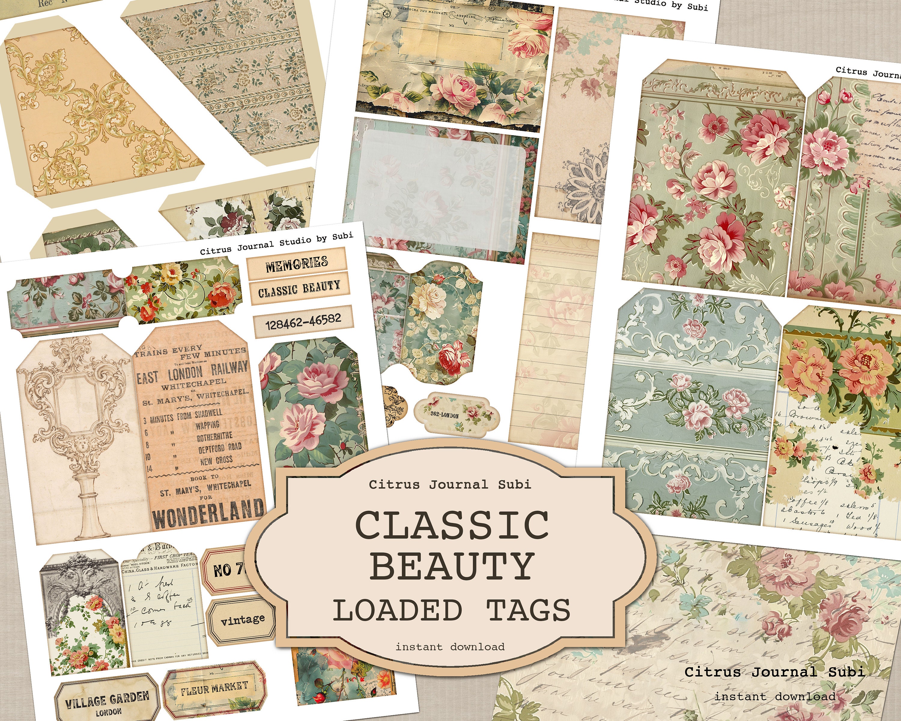 Loaded Tags, Vintage Journal Tags, Vintage Roses, Junk Journal Tags ...
