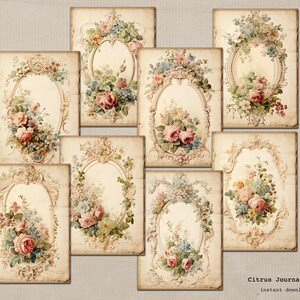 May include: Nine vintage floral frames with ornate gold details and a white background. Each frame features a different arrangement of pink, white, and blue flowers.