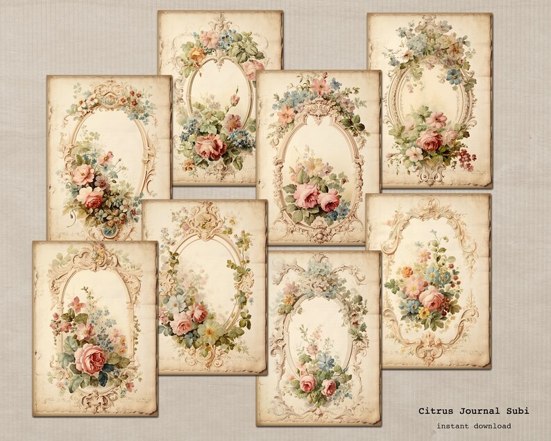 May include: Nine vintage floral frames with ornate gold details and a white background. Each frame features a different arrangement of pink, white, and blue flowers.