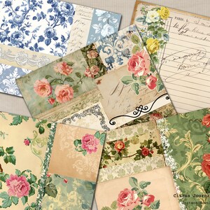 May include: A set of digital papers featuring vintage floral patterns in shades of blue, pink, green, and cream. The papers include a variety of designs, including floral prints, damask patterns, and handwritten text. The papers are perfect for scrapbooking, card making, and other crafting projects.