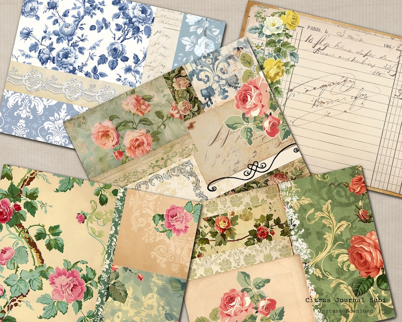 May include: A set of digital papers featuring vintage floral patterns in shades of blue, pink, green, and cream. The papers include a variety of designs, including floral prints, damask patterns, and handwritten text. The papers are perfect for scrapbooking, card making, and other crafting projects.