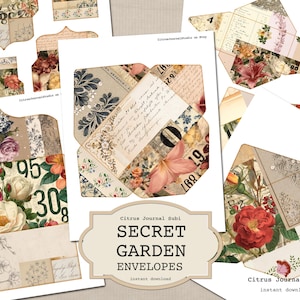 May include: A collection of vintage-style paper envelopes with floral and botanical designs. The envelopes feature a collage of patterns, including roses, script, and numbers. The text "SECRET GARDEN ENVELOPES" is displayed on a label. The image is a digital download.