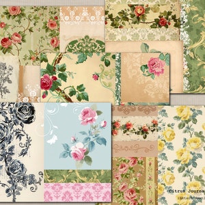 May include: A digital collage of 10 floral patterns featuring roses in various colours, including pink, red, yellow, and black. The patterns are arranged in a patchwork style, with some patterns overlapping. The text "Citrus Journal Subi instant download" appears at the bottom of the collage.