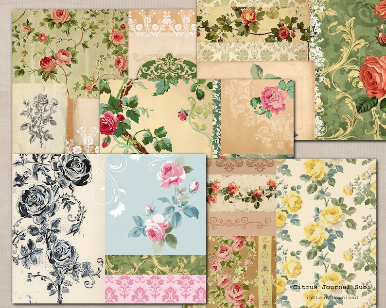 May include: A digital collage of 10 floral patterns featuring roses in various colours, including pink, red, yellow, and black. The patterns are arranged in a patchwork style, with some patterns overlapping. The text "Citrus Journal Subi instant download" appears at the bottom of the collage.