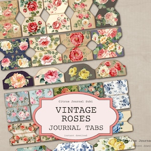 May include: Vintage floral journal tabs with a variety of rose patterns in shades of pink, red, yellow, and blue. The tabs are designed for use in journals, planners, or notebooks. The text "Vintage Roses Journal Tabs" is displayed on a pink banner.