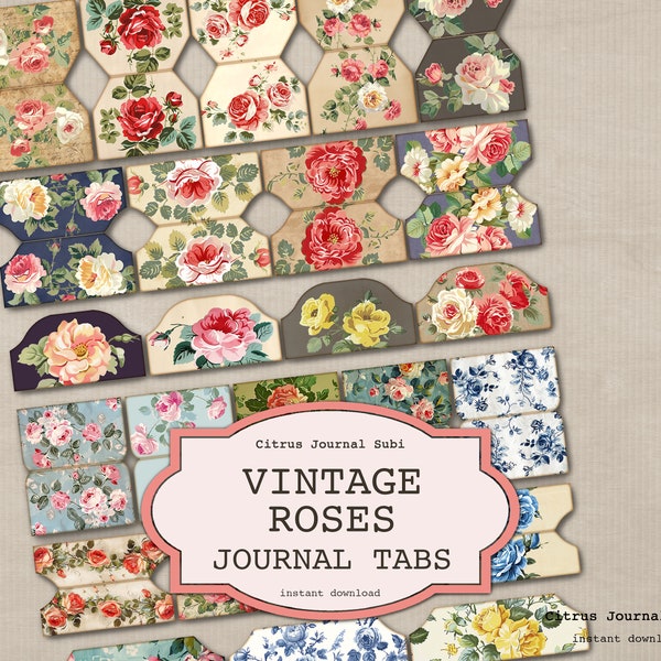 Junk Journal Tabs, Roses Tabs, Vintage Tags, Vintage Pink Roses, Printable Tabs, Office Tabs, Floral Tabs, Digital Tabs, Wallpaper Roses,