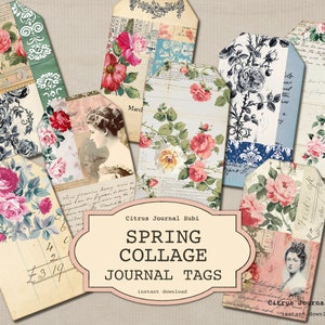 Étiquettes de carnet de voyage, étiquettes florales, roses vintage, étiquettes roses minables, insert de journal, étiquettes imprimables, étiquettes de printemps, étiquettes numériques, journalisation indésirable