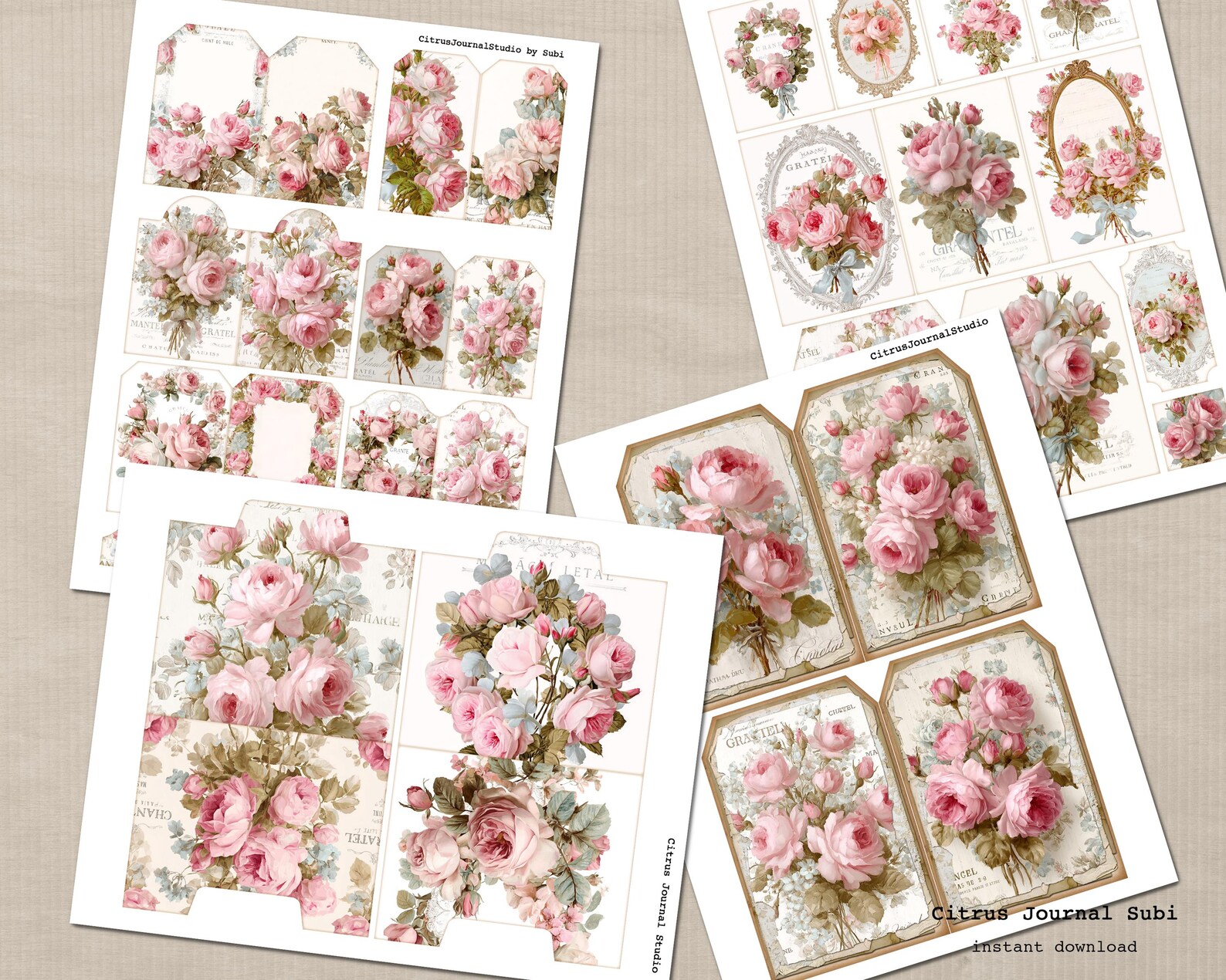 Shabby Chic Tags, Blush Rose Ephemera, Vintage Junk Journal Tags ...