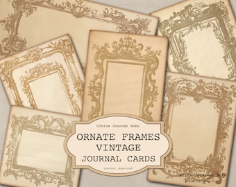Cartões de diário, registro de lixo eletrônico, cartão vintage, molduras vitorianas, cartão ornamental, cartão decorativo, kit digital, encarte de diário, ATC para impressão