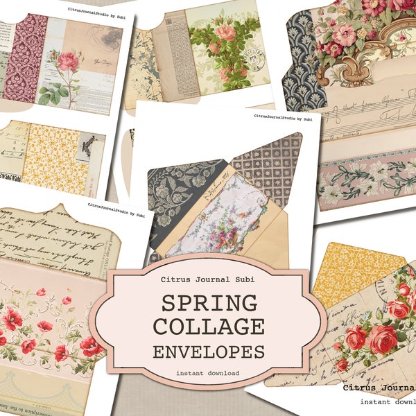 Junk Journal Envelopes, Spring Envelopes, Vintage Roses, Vintage Pockets, Shabby Chic, Junk Journal Kit, Digital Envelope, Carte Postale