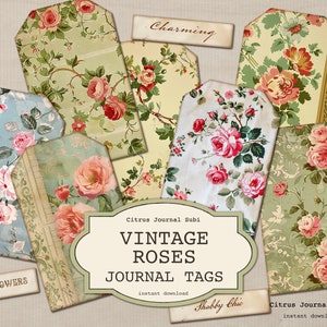 Vintage Roses Tags, Junk Journal Tags, Wallpaper Roses, Printable Tags, Spring Tags, Digital Tags, Junk Journaling, Vintage Wallpaper Tags
