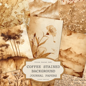 Papéis vintage manchados de café, kit de diário de sucata, papéis de fundo, diário floral para impressão, diário digital, kit de diário neutro