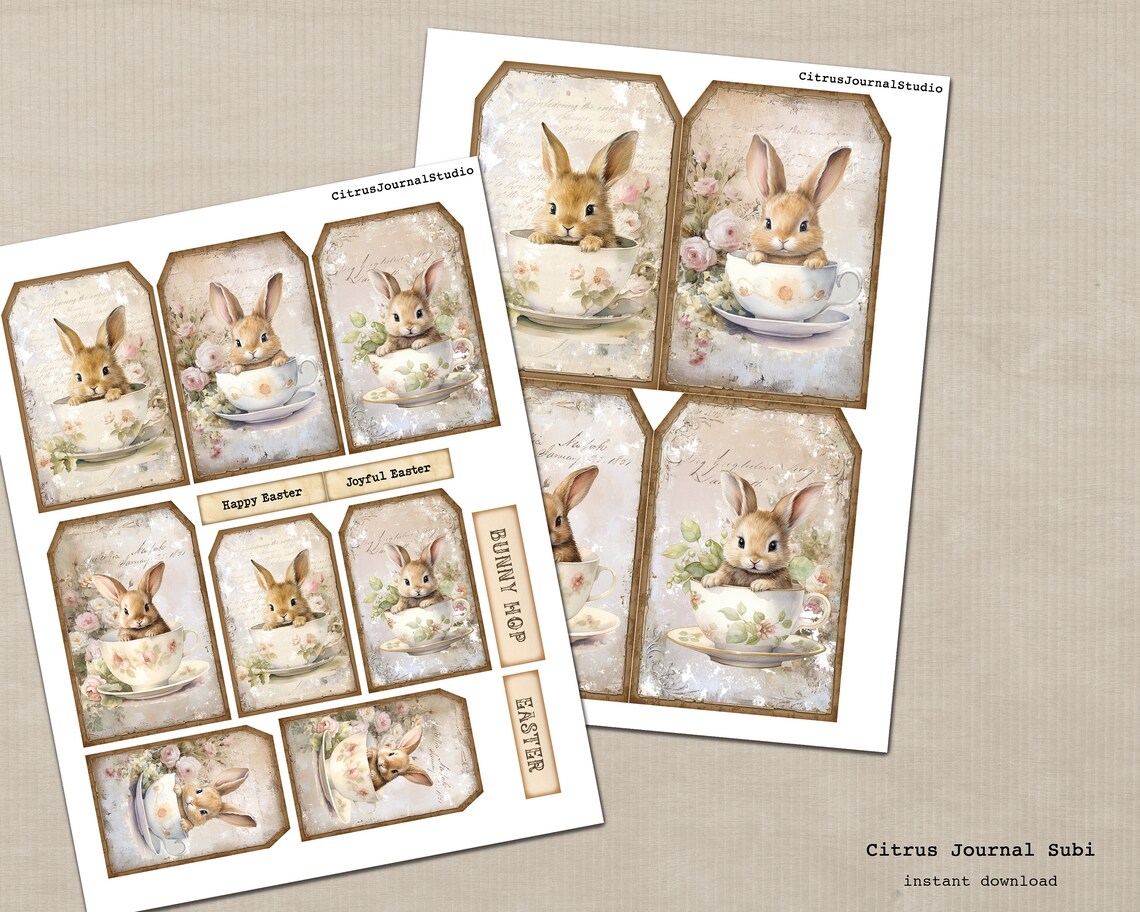 Easter Tags, Cute Bunny Tags, Teacups Tags, Shabby Rabbits, Shabby Chic ...