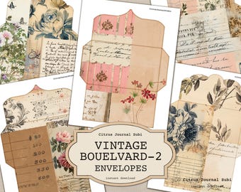 May include: Set of printable vintage style envelopes with floral designs and handwritten text. The envelopes are in shades of pink, blue, and brown. The text on the envelopes includes "Vintage Boulevard-2 Envelopes" and "instant download".