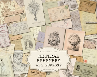 May include: A digital collage of vintage ephemera, including handwritten letters, botanical illustrations, and old advertisements. The collage is in shades of brown, cream, and white, with a title card that reads "Neutral Ephemera All Purpose".