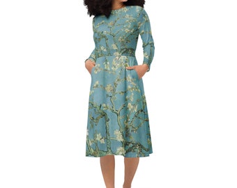 Van Gogh Almond Blossom long sleeve midi dress | Loose Flowy Dress | Artist Gift | Art Inspired Clothing | Dress With Pockets (2XS - 6X)