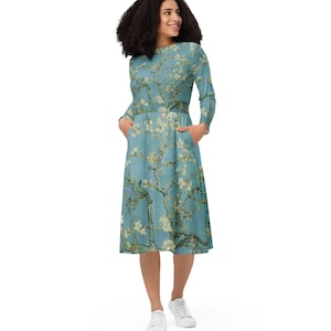 Van Gogh Almond Blossom long sleeve midi dress | Loose Flowy Dress | Artist Gift | Art Inspired Clothing | Dress With Pockets (2XS - 6X)