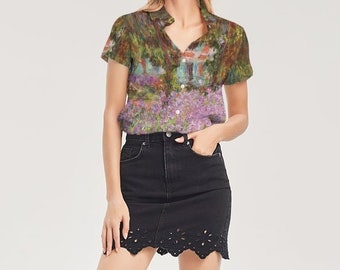 Women&#39;s Monet Artists Garden in Giverny Short Sleeve Button Up | Irises | Artist Clothing | Art Gift | Painted Shirt | Art Inspired | Floral