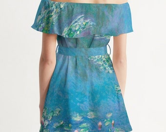 Women&#39;s Monet Water Lilies Off-Shoulder Dress  | Loose Flowy Dress | Artist Gift | Art Inspired Clothing |
