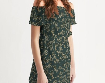green emerald velvet dress Short Sleeve Green Floral Midi Dress main image 0