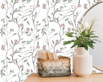 Chickadee White Background Peel and Stick Wallpaper | Cute Home Decor | Bird Decor | Cute Wallpaper | Cottage Decor | Children's Room Decor