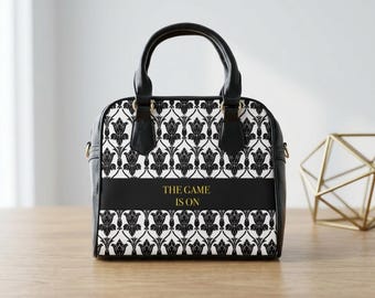 Sherlock-Inspired Damask 'the game is on' Shoulder Handbag | Monochrome Pattern