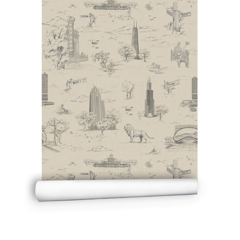 Chicago Toile de Jouy Tapete | Handgezeichnetes Schälen und Aufkleben | Traditionell Bild 10
