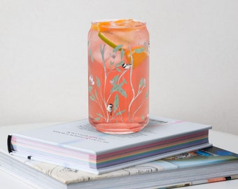 Chickadees & Hearts Can-Shaped Glass | Cottagecore Drinkware