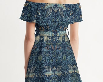 Women's Off-Shoulder Dress William Morris Birds  | Loose Flowy Dress | Artist Gift | Art Inspired Clothing | Cute Dresses | Bridesmaid |