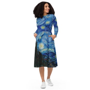 Women's Van Gogh Starry Night Long Sleeve Midi Dress with Pockets | Loose Flowy Dress | Artist Gift | Art Inspired Clothing (2XS - 6X)