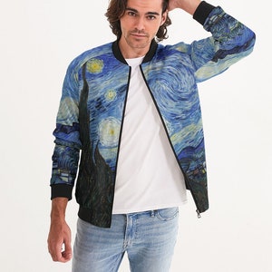 May include: A blue and black bomber jacket with a swirling, abstract print reminiscent of a famous painting. The jacket has a zipper closure and ribbed cuffs and collar.