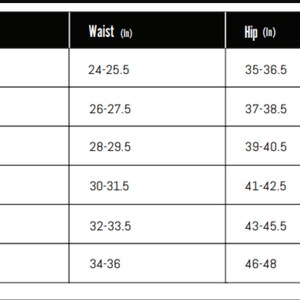 May include: Size chart showing waist and hip measurements in inches for sizes XS, S, M, L, XL, and XXL.