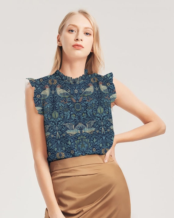 Women's William Morris Birds Ruffle Sleeve Top | Cute Shirts | Art inspired Clothing | Bird Gifts | Art Shirt | Work Blouse | Vintage Design