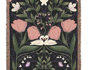 Floral Swan Garden Woven Blanket | Pink Tulips , Green Leaves, Dark Background | Whimsical Home Decor