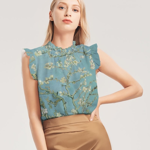 Haut à manches volantées Vincent Van Gogh fleur d'amandier pour femme | Chemises mignonnes | Vêtements inspirés de l'art | Chemise Van Gogh | Chemise artistique | Chemisier de travail |