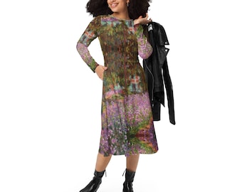 Monet&#39;s The Artist&#39;s Garden at Giverney long sleeve midi dress (with pockets!) (2xs - 6xl) | Aesthetic Art Dress | Artist Gifts