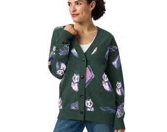 Owl & Books Knitted Cardigan | Pixel Art Sweater