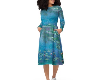 Monet Water Lilies Long Sleeve Midi Dress | Loose Flowy Dress | Artist Gift | Art Inspired Clothing (2XS - 6X)