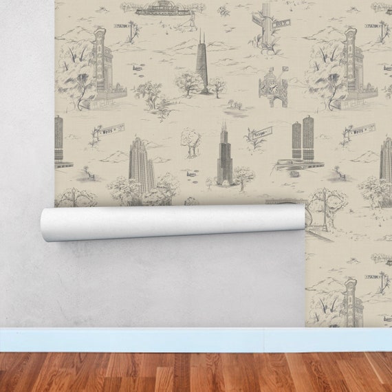 Chicago Toile de Jouy Wallpaper | Hand-Drawn Peel and Stick | Traditional