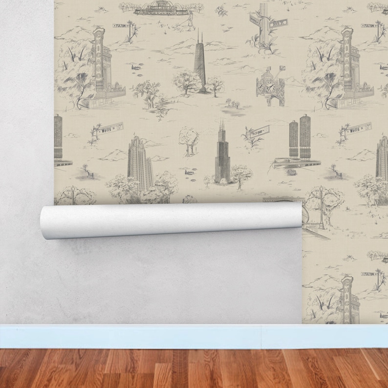 Chicago Toile de Jouy Tapete | Handgezeichnetes Schälen und Aufkleben | Traditionell Bild 1